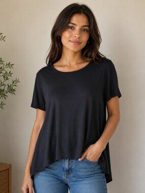 Philosophy Navy Solid Short Sleeve High Low Sheer Back Flowy Blouse Top Shirt M